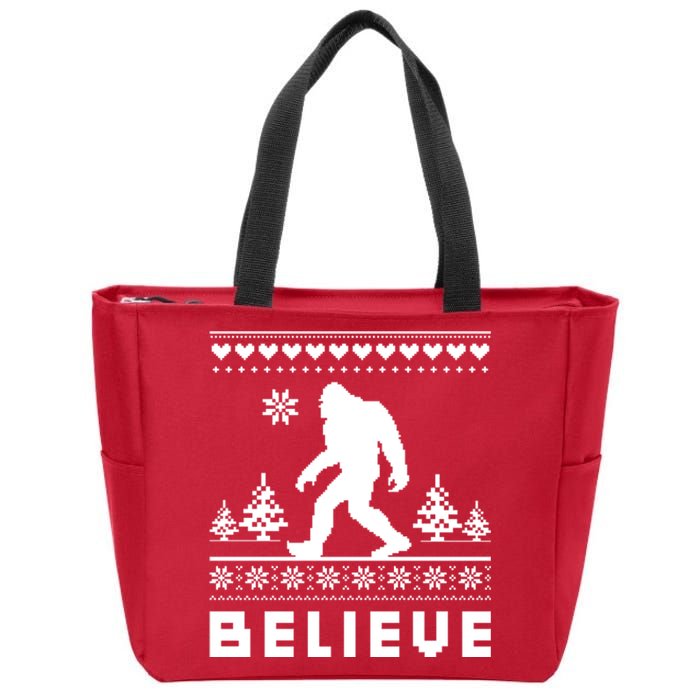 Bigfoot Believe Ugly Christmas Sweater Sasquatch Zip Tote Bag