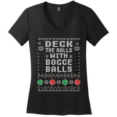 Bocce Balls Ugly Christmas Pattern Italian Gift Women's V-Neck T-Shirt