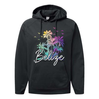 Belize Beach Vintage Palm Trees Vacation Performance Fleece Hoodie