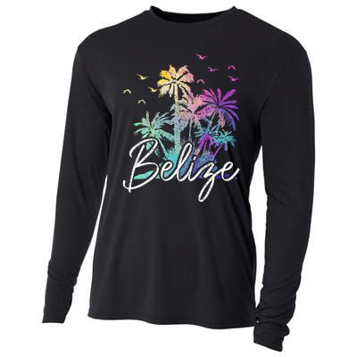 Belize Beach Vintage Palm Trees Vacation Cooling Performance Long Sleeve Crew