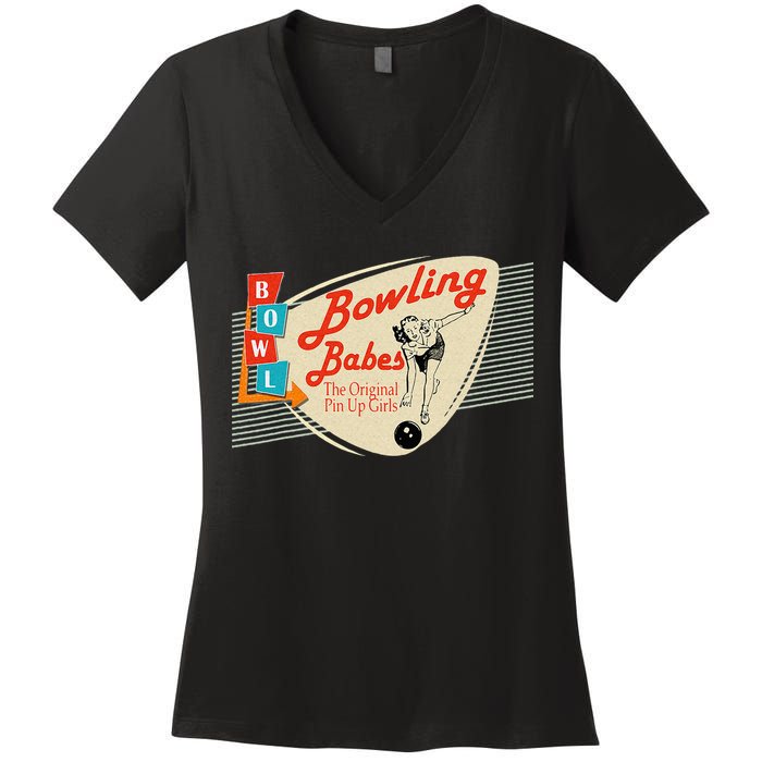 Bowling Babes Vintage Retro Matching Bowling Team Women's V-Neck T-Shirt
