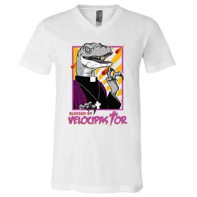 Bless By Velocipastor Cool Dinosaur Parish Priest V-Neck T-Shirt