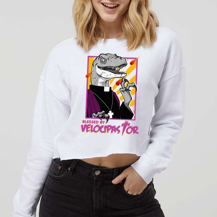 Bless By Velocipastor Cool Dinosaur Parish Priest Cropped Pullover Crew