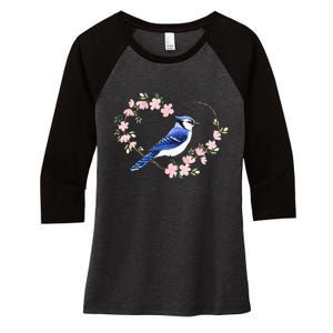 Bird Bird Watching Bird Watcher Birder Blue Jay Flower Heart Women's Tri-Blend 3/4-Sleeve Raglan Shirt