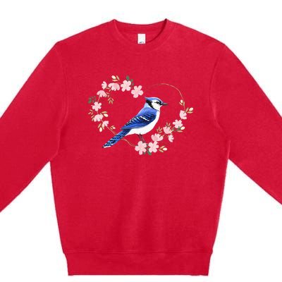 Bird Bird Watching Bird Watcher Birder Blue Jay Flower Heart Premium Crewneck Sweatshirt