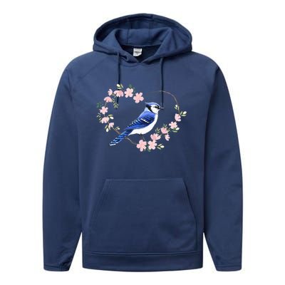 Bird Bird Watching Bird Watcher Birder Blue Jay Flower Heart Performance Fleece Hoodie