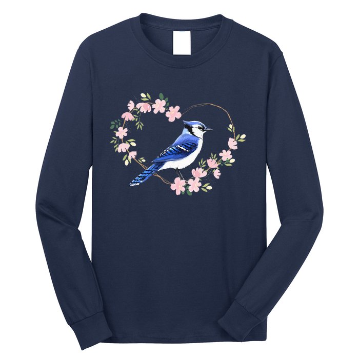 Bird Bird Watching Bird Watcher Birder Blue Jay Flower Heart Long Sleeve Shirt