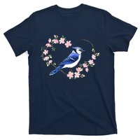 Bird Bird Watching Bird Watcher Birder Blue Jay Flower Heart T-Shirt