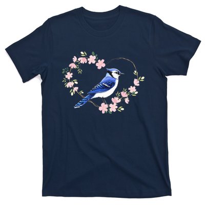 Bird Bird Watching Bird Watcher Birder Blue Jay Flower Heart T-Shirt