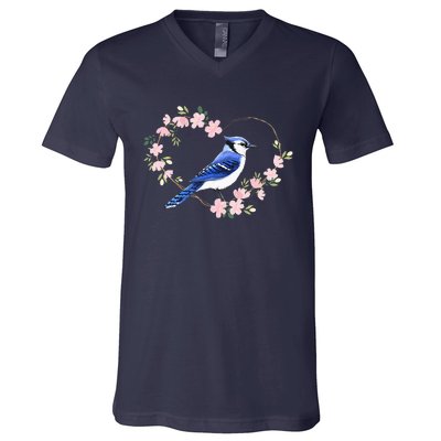 Bird Bird Watching Bird Watcher Birder Blue Jay Flower Heart V-Neck T-Shirt