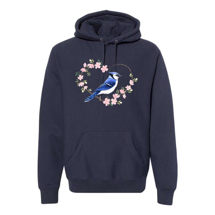 Bird Bird Watching Bird Watcher Birder Blue Jay Flower Heart Premium Hoodie