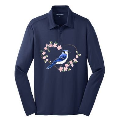 Bird Bird Watching Bird Watcher Birder Blue Jay Flower Heart Silk Touch Performance Long Sleeve Polo