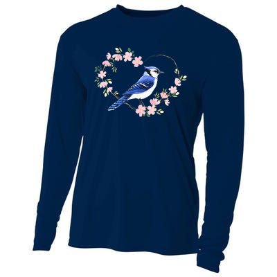 Bird Bird Watching Bird Watcher Birder Blue Jay Flower Heart Cooling Performance Long Sleeve Crew