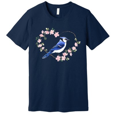 Bird Bird Watching Bird Watcher Birder Blue Jay Flower Heart Premium T-Shirt