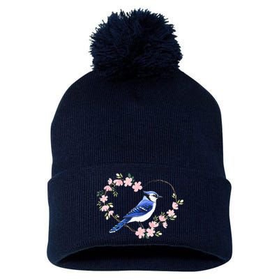 Bird Bird Watching Bird Watcher Birder Blue Jay Flower Heart Pom Pom 12in Knit Beanie