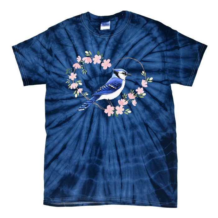 Bird Bird Watching Bird Watcher Birder Blue Jay Flower Heart Tie-Dye T-Shirt