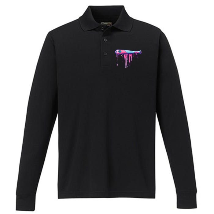 Baseball Bat With Sprinkles Drip Performance Long Sleeve Polo