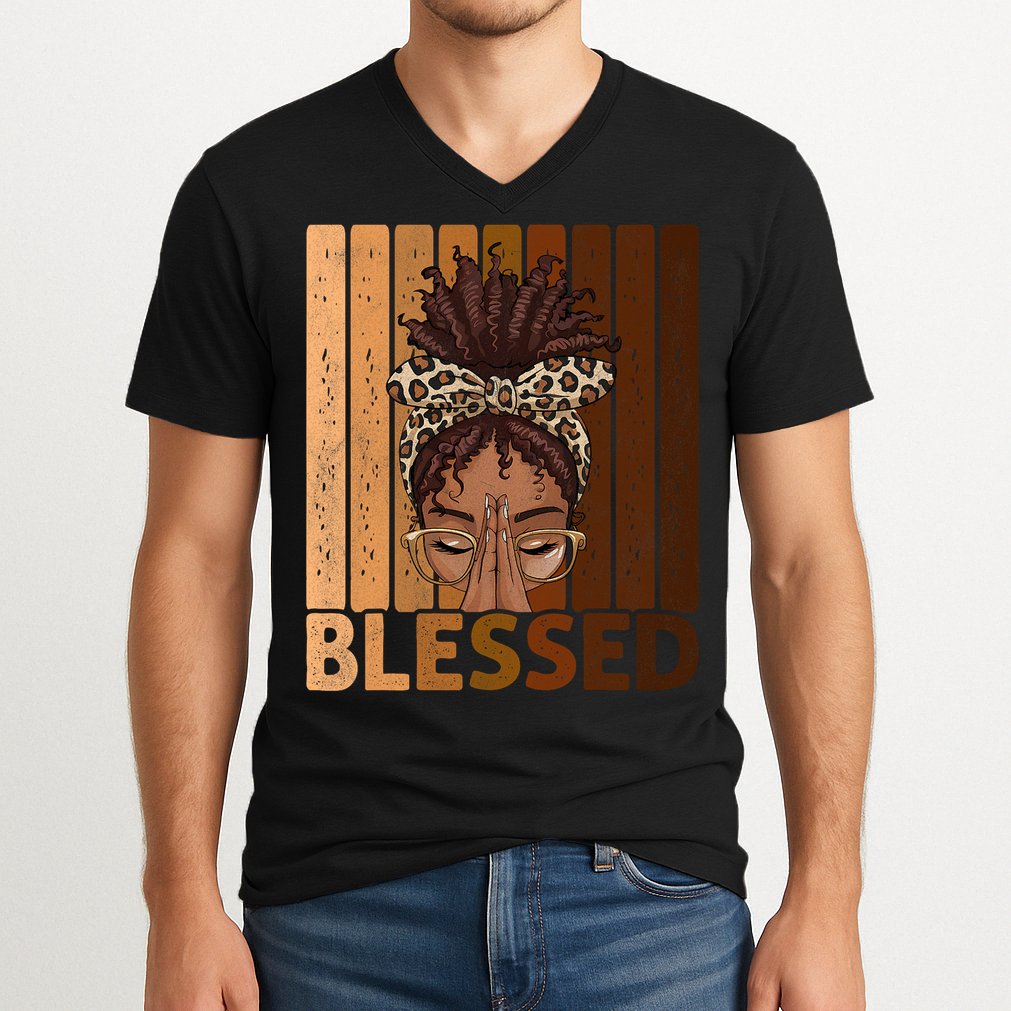 Blessed Black Woman Praying African American Christian  V-Neck T-Shirt