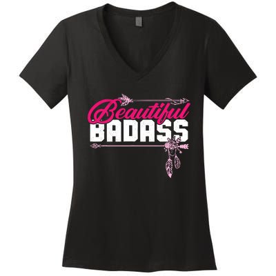 Beautiful Badass | Wo Empowerment Pink Women's V-Neck T-Shirt