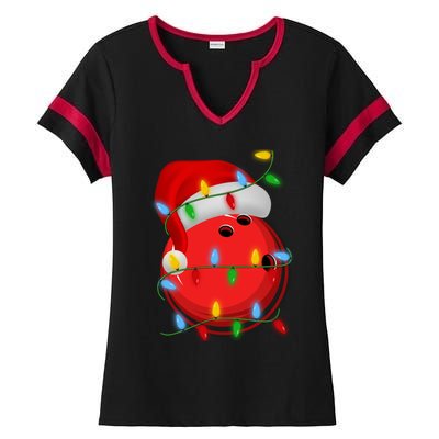 Bowling Ball Xmas Lighting Holiday Santa Bowling Christmas Meaningful Gift Ladies Halftime Notch Neck Tee