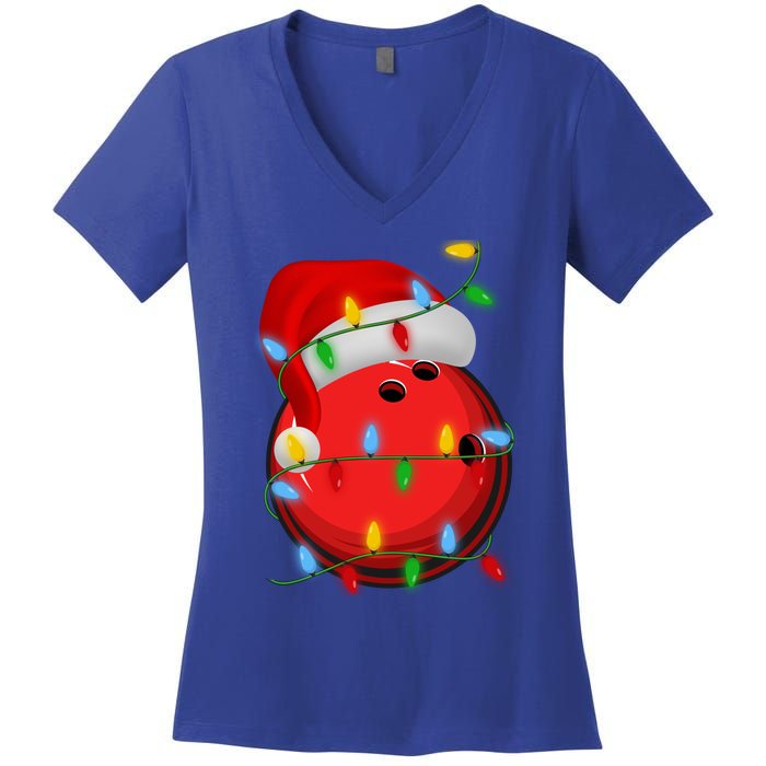 Bowling Ball Xmas Lighting Holiday Santa Bowling Christmas Meaningful Gift Women's V-Neck T-Shirt