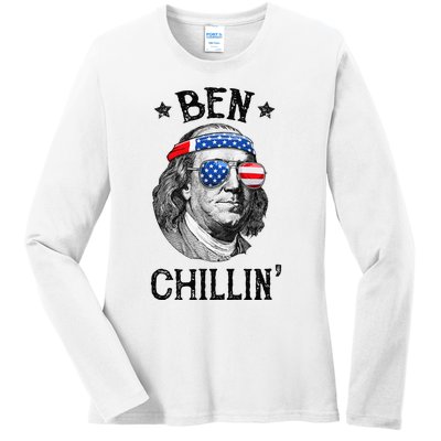 Ben Chillin 4th of July Ben Franklin USA Independence Flag Ladies Long Sleeve Shirt