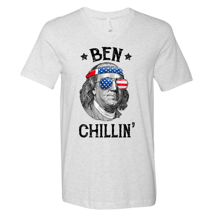 Ben Chillin 4th Of July Ben Franklin USA Independence Flag V-Neck T-Shirt