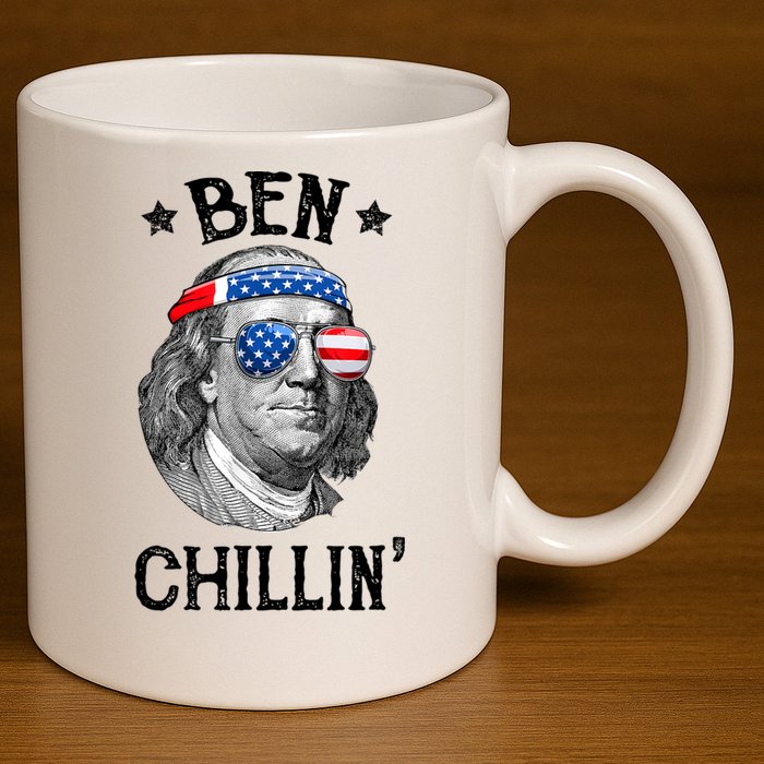 Ben Chillin 4th Of July Ben Franklin USA Independence Flag 11oz C Handle Ceramic Mug