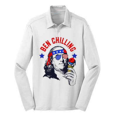 Ben Chilling 4th of July Ben Franklin Ice Cream Meme US Flag Silk Touch Performance Long Sleeve Polo