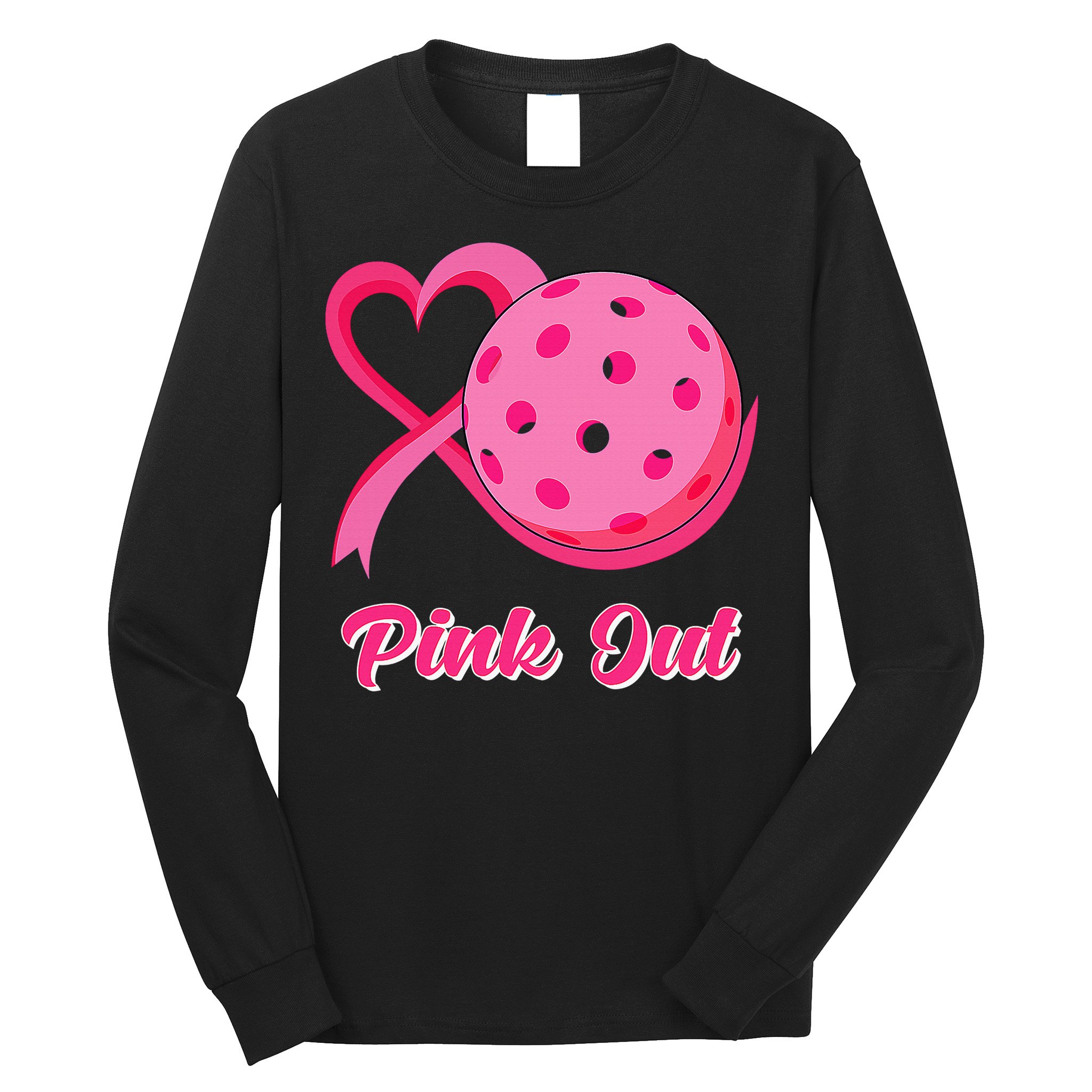Breast Cancer Awareness Heart Ribbon Pickleball Pink Out Long Sleeve Shirt