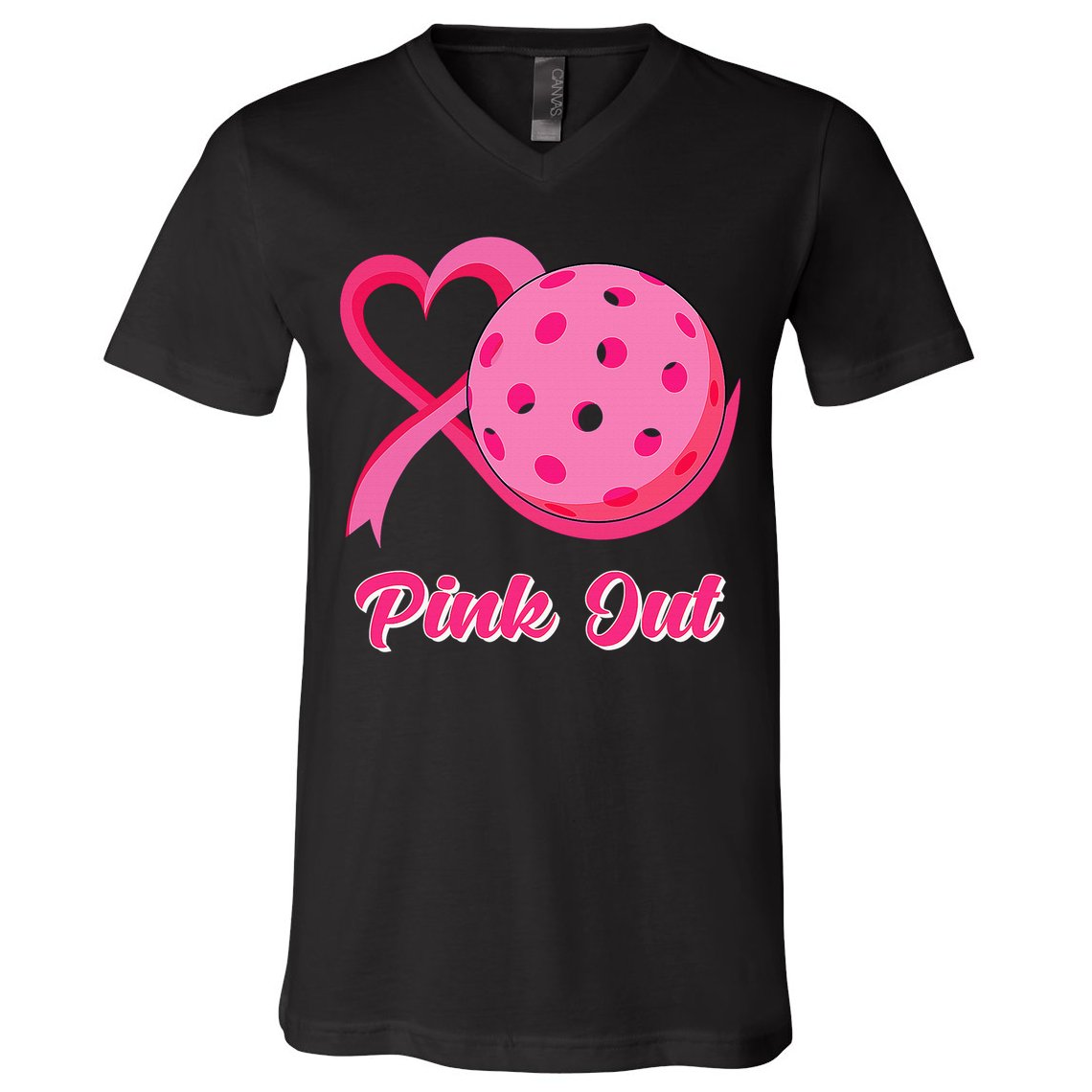 Breast Cancer Awareness Heart Ribbon Pickleball Pink Out V-Neck T-Shirt