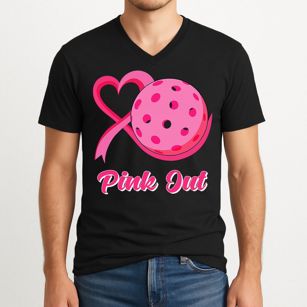 Breast Cancer Awareness Heart Ribbon Pickleball Pink Out V-Neck T-Shirt