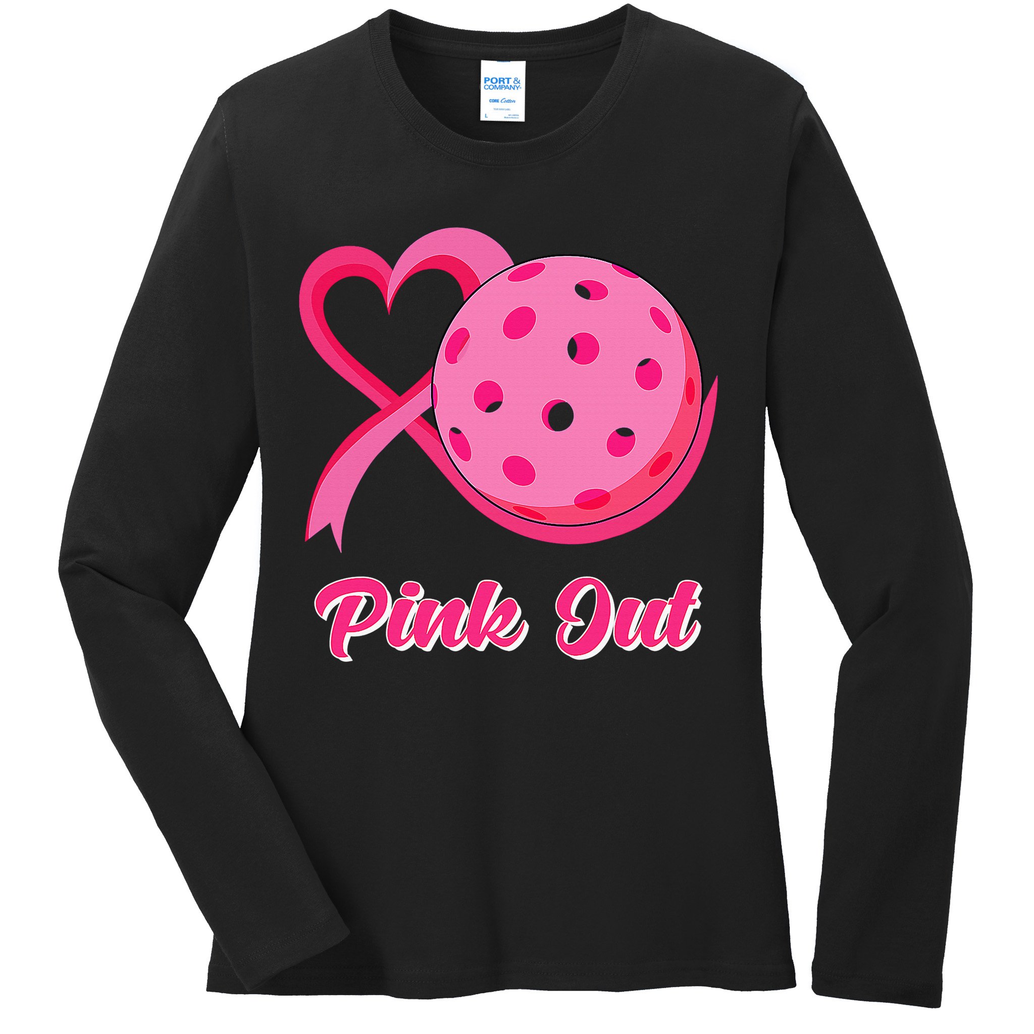 Breast Cancer Awareness Heart Ribbon Pickleball Pink Out Ladies Long Sleeve Shirt