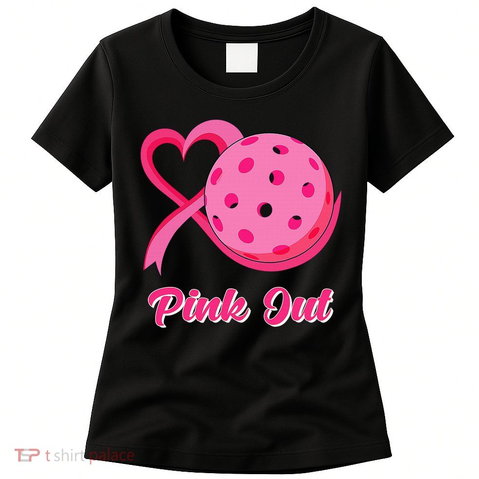 Breast Cancer Awareness Heart Ribbon Pickleball Pink Out Womens T-Shirt