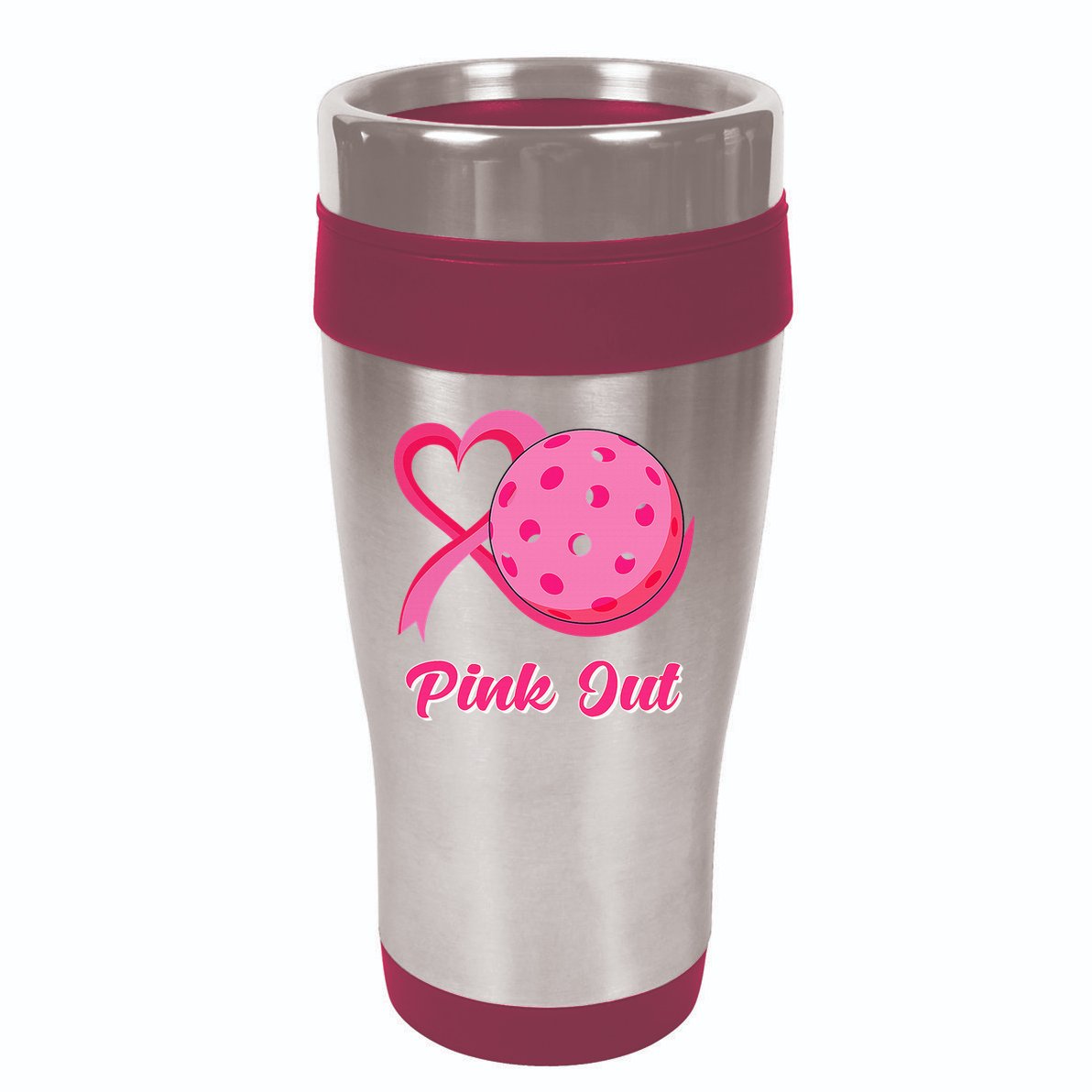 Breast Cancer Awareness Heart Ribbon Pickleball Pink Out 16oz Travel Tumbler