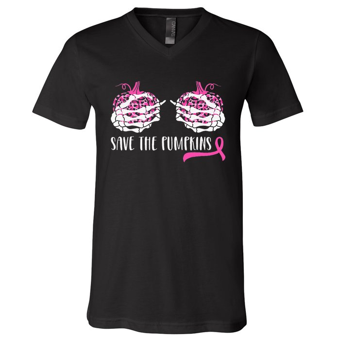 Breast Cancer Awareness Save Pumpkins Halloween V-Neck T-Shirt