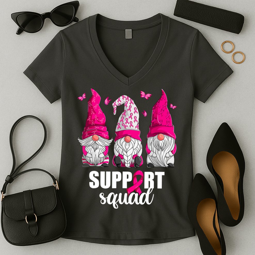 Breast Cancer Awareness Pink Gnomes Support Squad Gifts Women's V-Neck T-Shirt