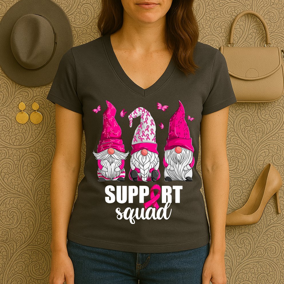 Breast Cancer Awareness Pink Gnomes Support Squad Gifts Women's V-Neck T-Shirt