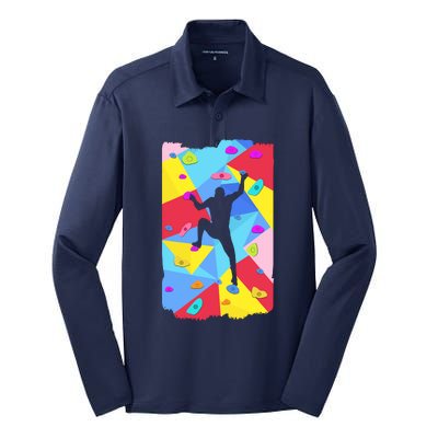 Bouldering Climber Abstract Free Climbing Rock Formation Silk Touch Performance Long Sleeve Polo