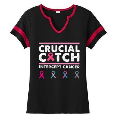 Breast Cancer Awareness Crucial A Catch Intercept Cancer Ladies Halftime Notch Neck Tee