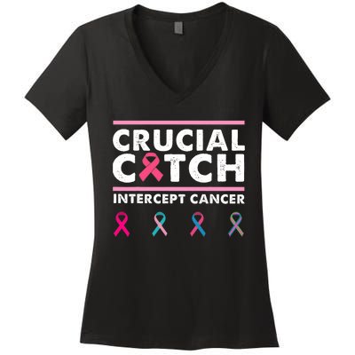 Breast Cancer Awareness Crucial A Catch Intercept Cancer Women's V-Neck T-Shirt