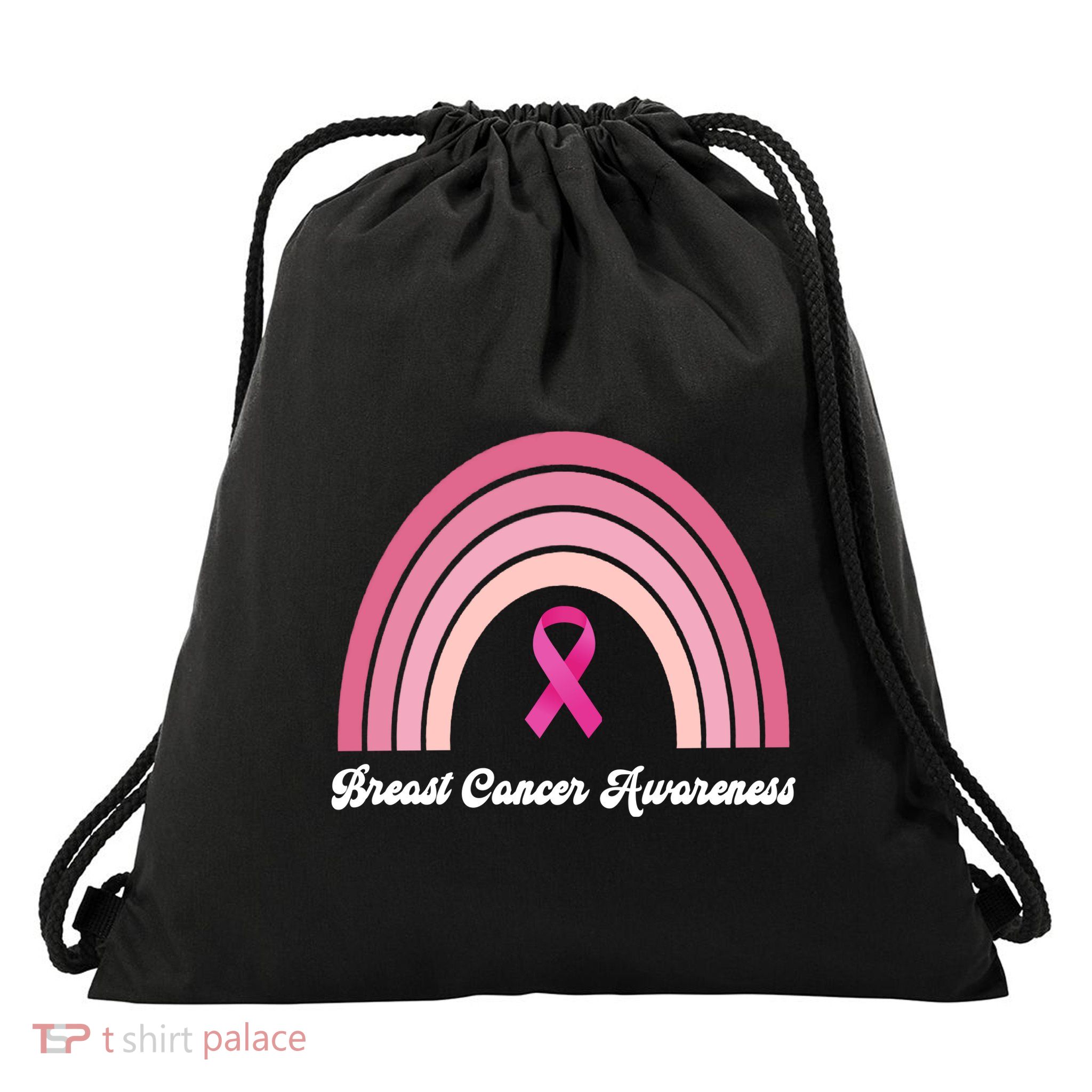 Breast Cancer Awareness Pink Rainbow Ribbon Drawstring Bag