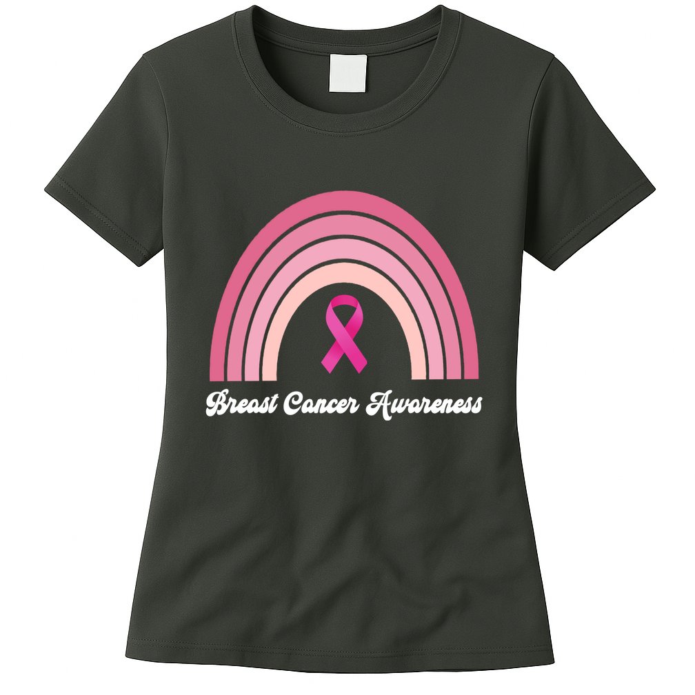 Breast Cancer Awareness Pink Rainbow Ribbon Womens T-Shirt