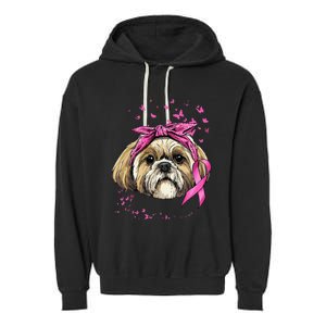 Breast Cancer Awareness Shih Tzu Dog Pink Ribbon Survivor Garment-Dyed Fleece Hoodie