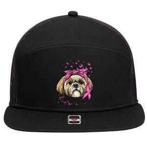 Breast Cancer Awareness Shih Tzu Dog Pink Ribbon Survivor 7 Panel Mesh Trucker Snapback Hat