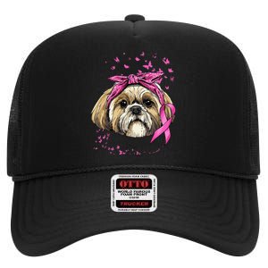 Breast Cancer Awareness Shih Tzu Dog Pink Ribbon Survivor High Crown Mesh Back Trucker Hat