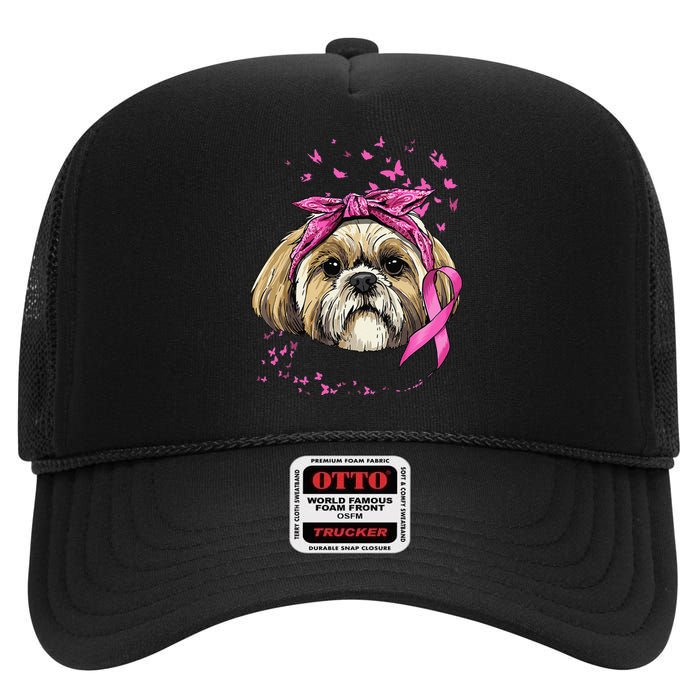 Breast Cancer Awareness Shih Tzu Dog Pink Ribbon Survivor High Crown Mesh Back Trucker Hat