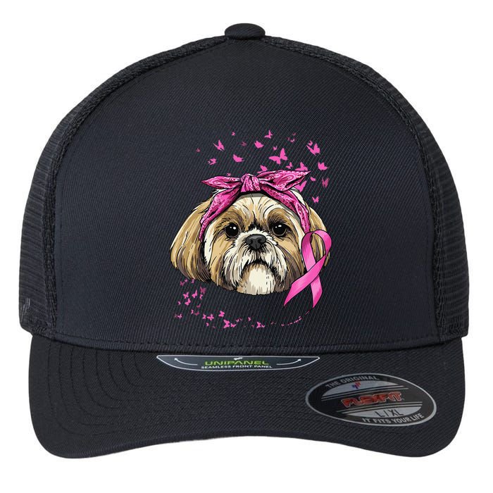 Breast Cancer Awareness Shih Tzu Dog Pink Ribbon Survivor Flexfit Unipanel Trucker Cap