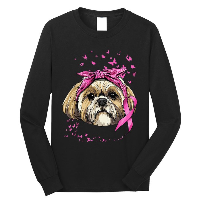 Breast Cancer Awareness Shih Tzu Dog Pink Ribbon Survivor Long Sleeve Shirt