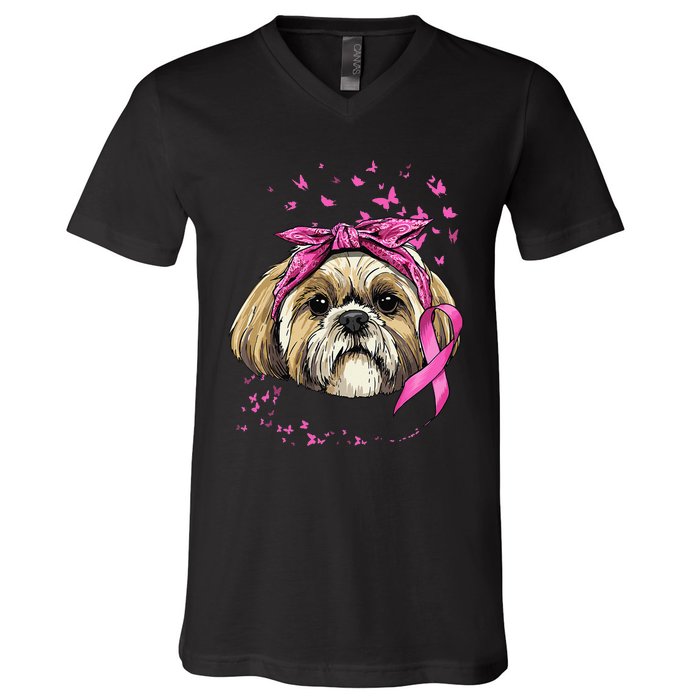 Breast Cancer Awareness Shih Tzu Dog Pink Ribbon Survivor V-Neck T-Shirt